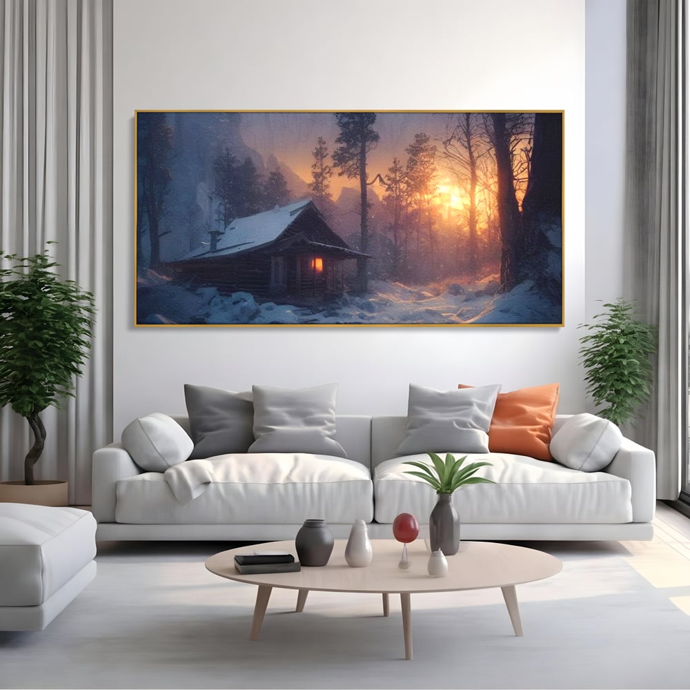 Tablou canvas cu tablou canvas cu cabana inzapezita, in rama de aluminiu auriu, pe perete intr-un living